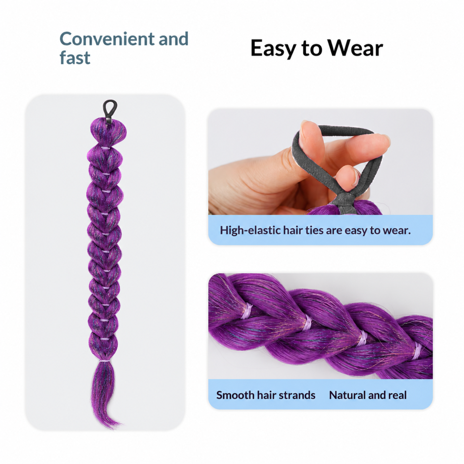 Pre-Braided Dragon Kpop Braid - Easy Install - Purple Rainbow Tinsel